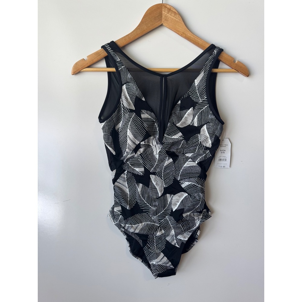 Time and Tru Leaf Print‎ Mesh Inset One Piece Swimsuit Black White S